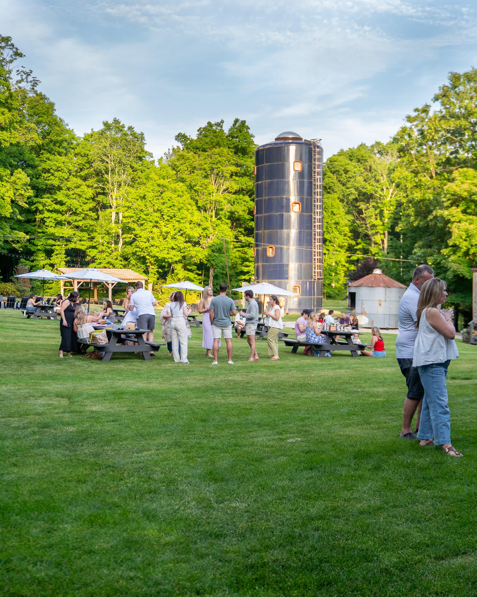 Summer crowd on the lawn by the silo